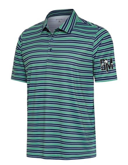 BM Green/Navy Striped Golf Shirt: Orignal Sleeve logo